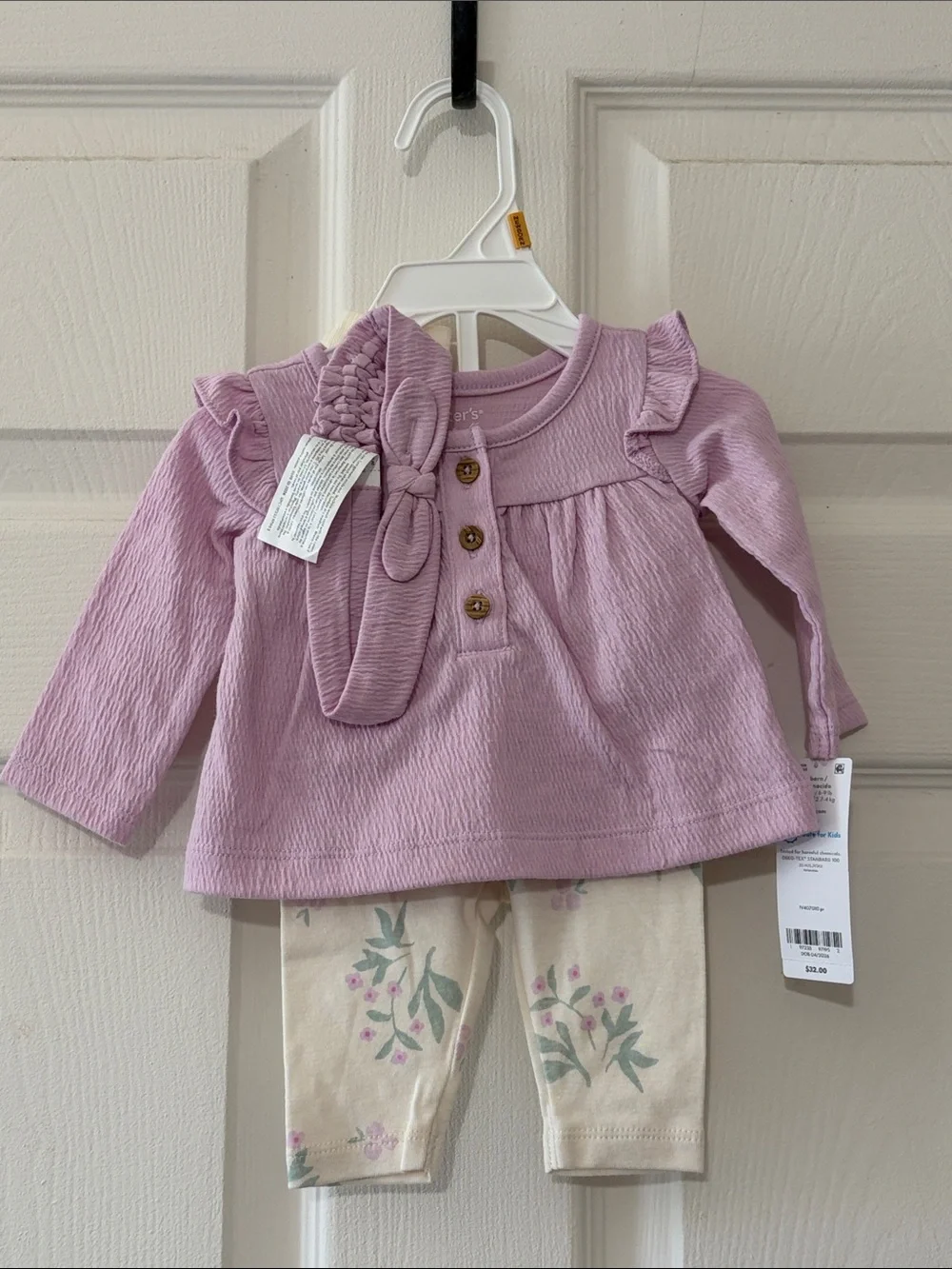 Carter's Lavender Ruffle Long-Sleeve Top with Floral Cream Leggings & Headband - Picture 1 of 1